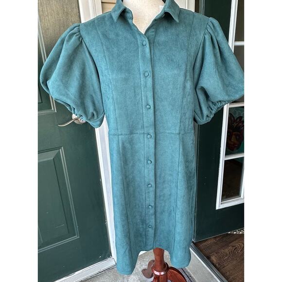 NWT THML Regine Faux Leather Puff Sleeve Shirt Dress Teal Green L Cottage Fall - Picture 4 of 10
